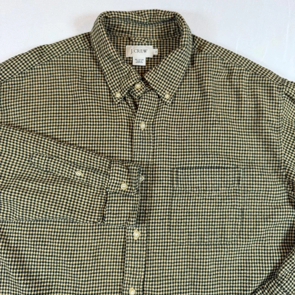 J Crew Vtg Men Large Green Houndstooth Cotton Button Flannel Shirt Long Sleeve L